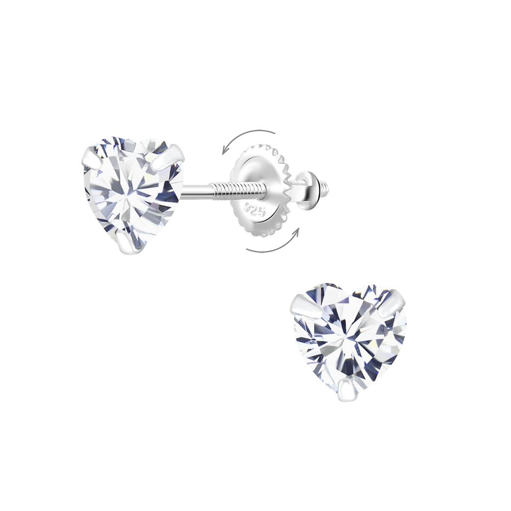 Heart CZ Sterling Silver Screw Back Earrings 6mm